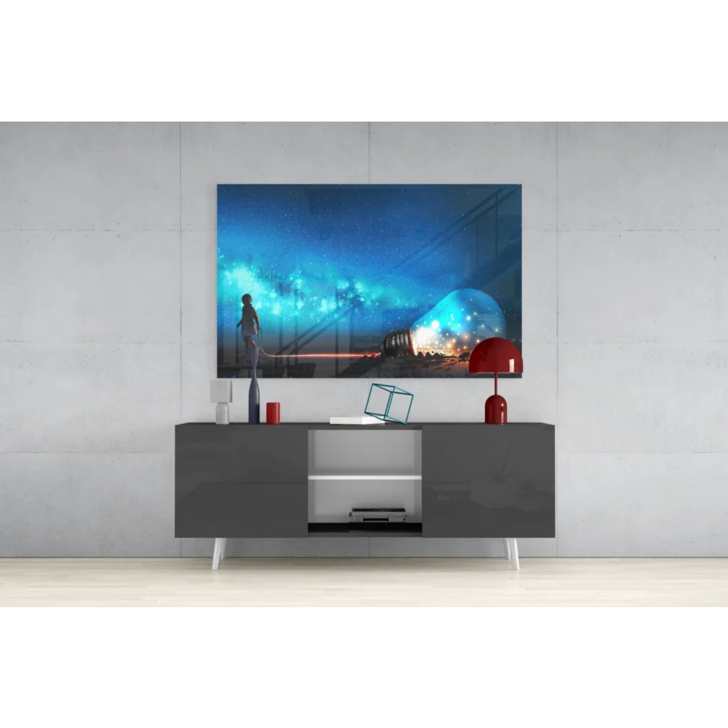 Vibrant cosmic starry sky glass wall art with glowing orbs and lone figure