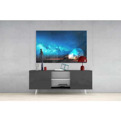 Vibrant cosmic starry sky glass wall art with glowing orbs and lone figure