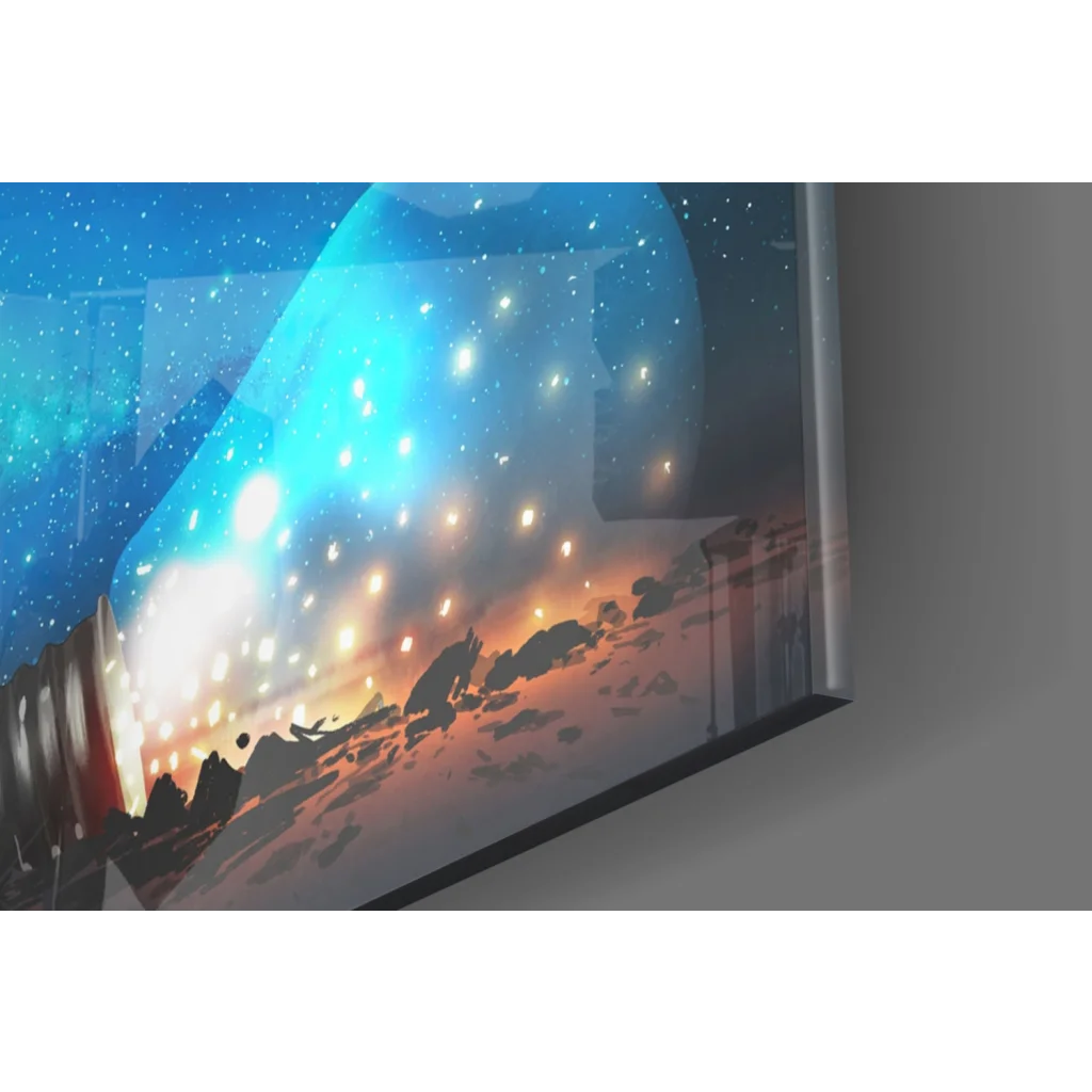 Framed cosmic starry sky glass wall art with glowing blue orange celestial bodies