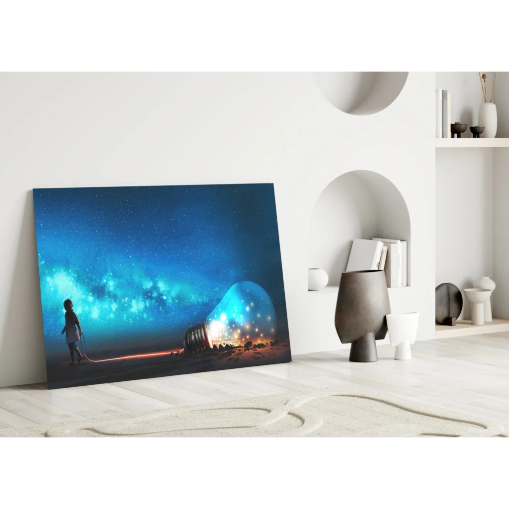 Vibrant blue cosmic glass wall art with lone figure under glowing starry sky