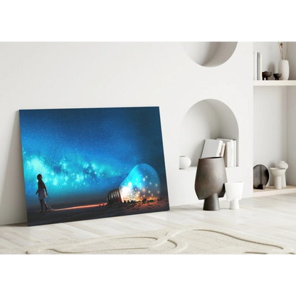 Vibrant blue cosmic glass wall art with lone figure under glowing starry sky