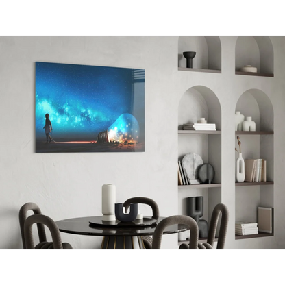 Solitary figure by glowing nebula and campfire in cosmic glass wall art