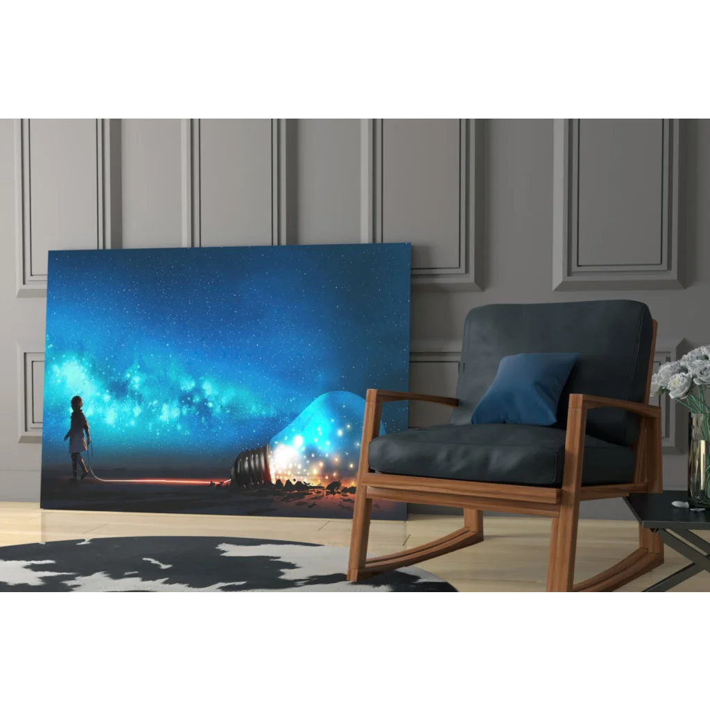 Solitary figure before glowing futuristic dome on cosmic starry sky glass wall art