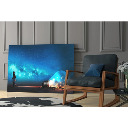 Solitary figure before glowing futuristic dome on cosmic starry sky glass wall art