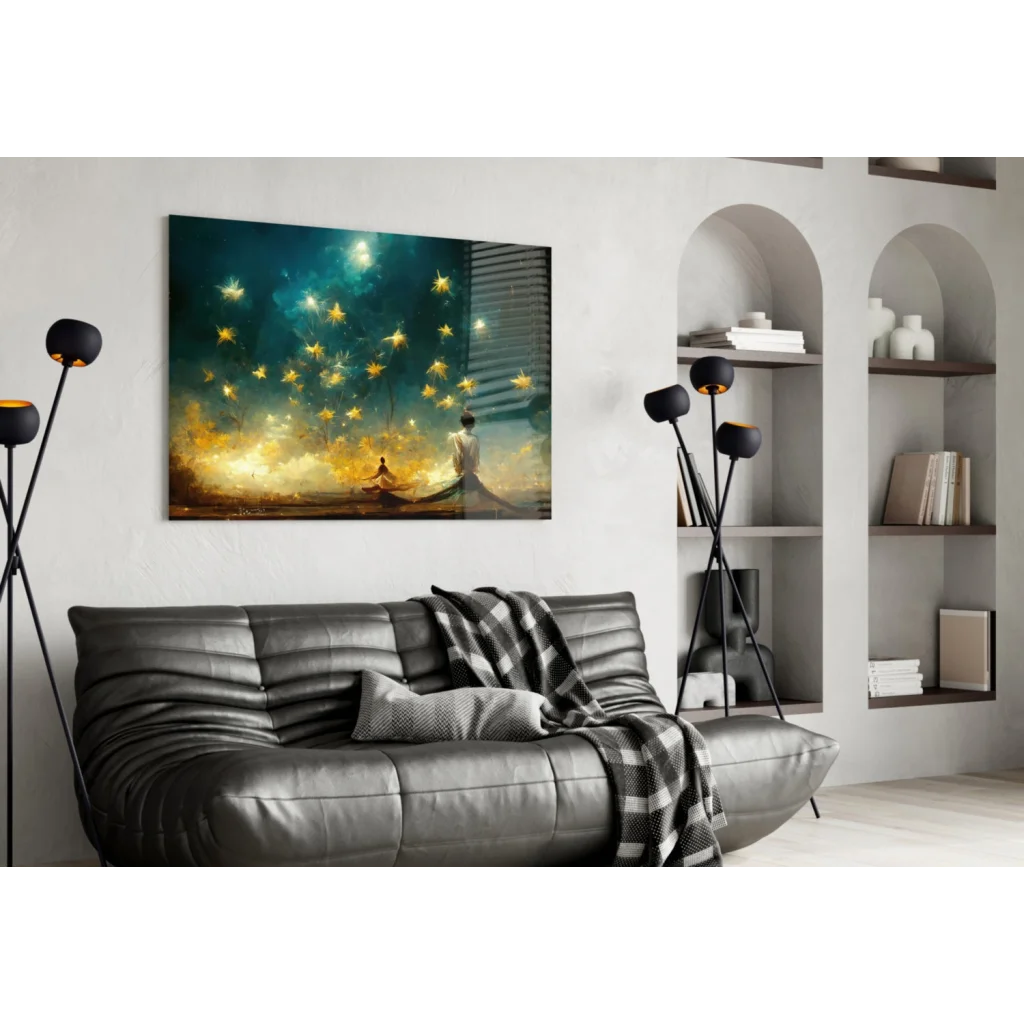Modern black leather sofa with plaid throw and Starry Night wall art