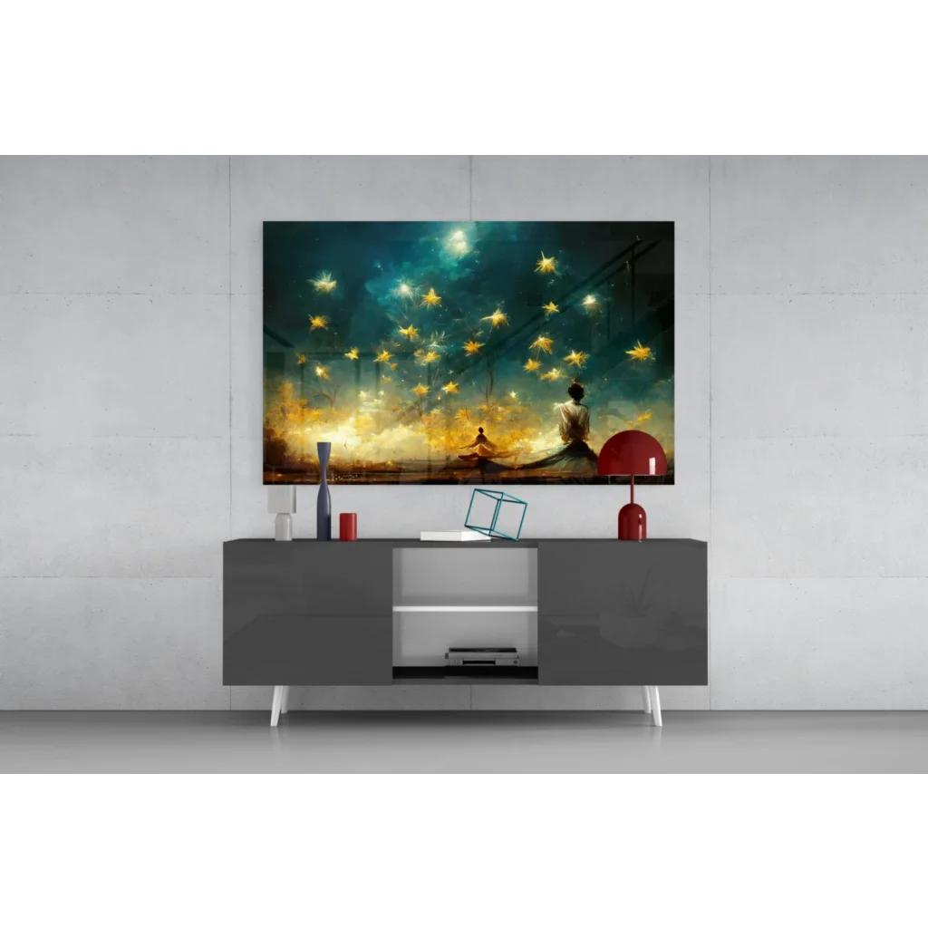 Modern black and silver TV stand with sleek legs under Starry Night wall art