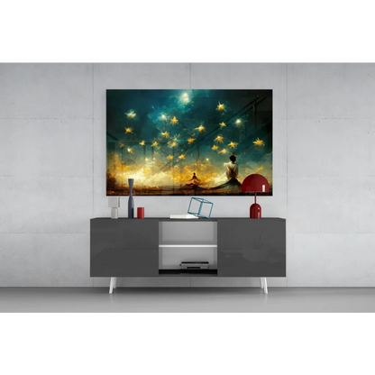 Modern black and silver TV stand with sleek legs under Starry Night wall art