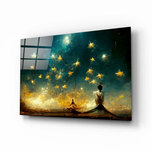Starry Night Meditation canvas wall art print of serene figures meditating under glowing stars