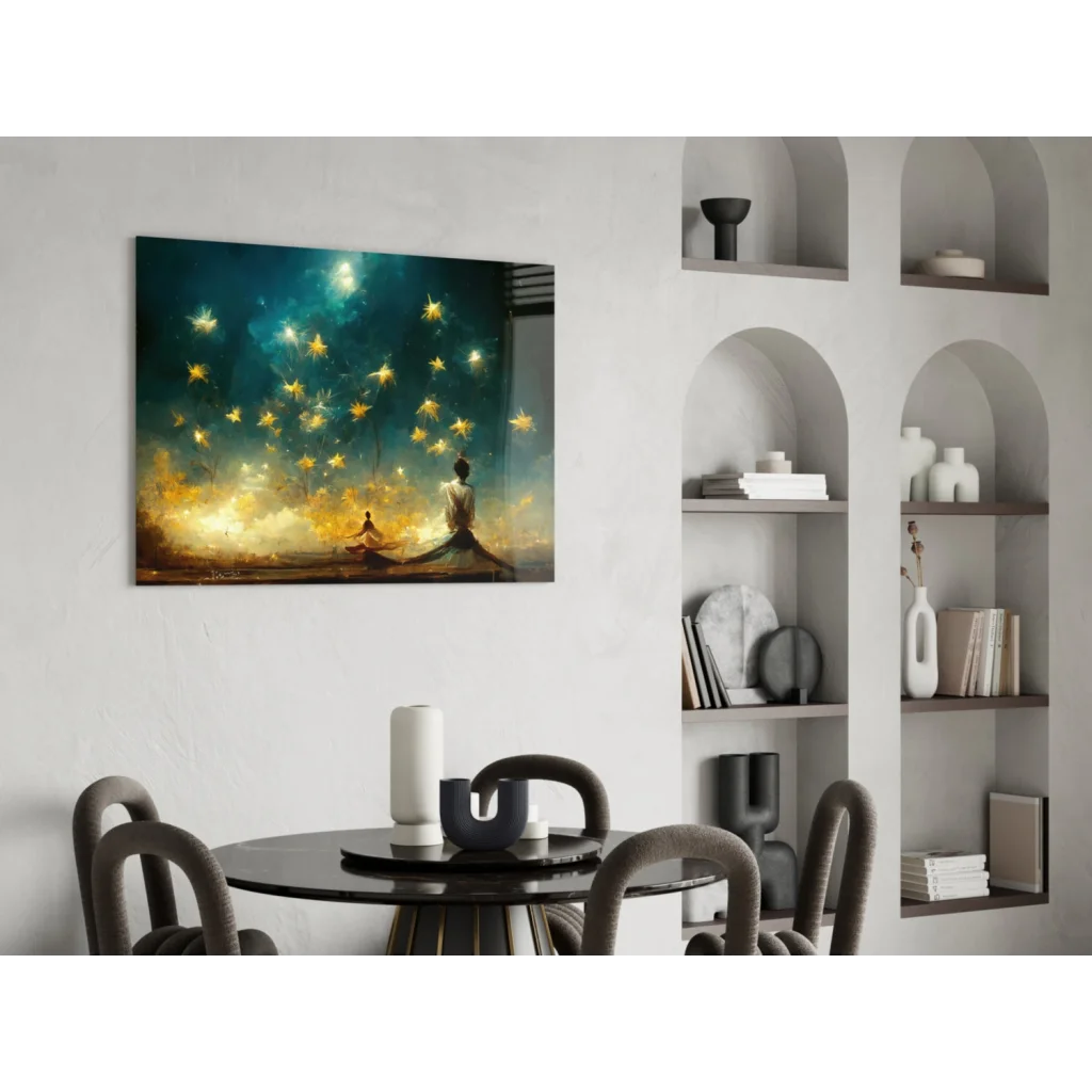 Teal and gold starburst modern abstract wall art canvas print