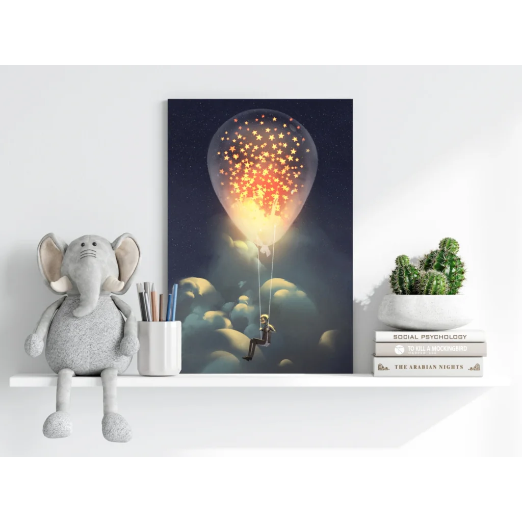 Whimsical kid’s canvas print of person on glowing starry balloon in night sky