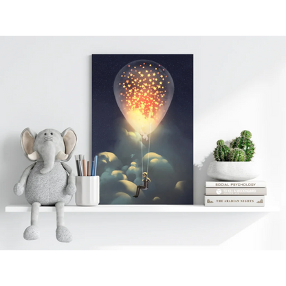 Whimsical kid’s canvas print of person on glowing starry balloon in night sky