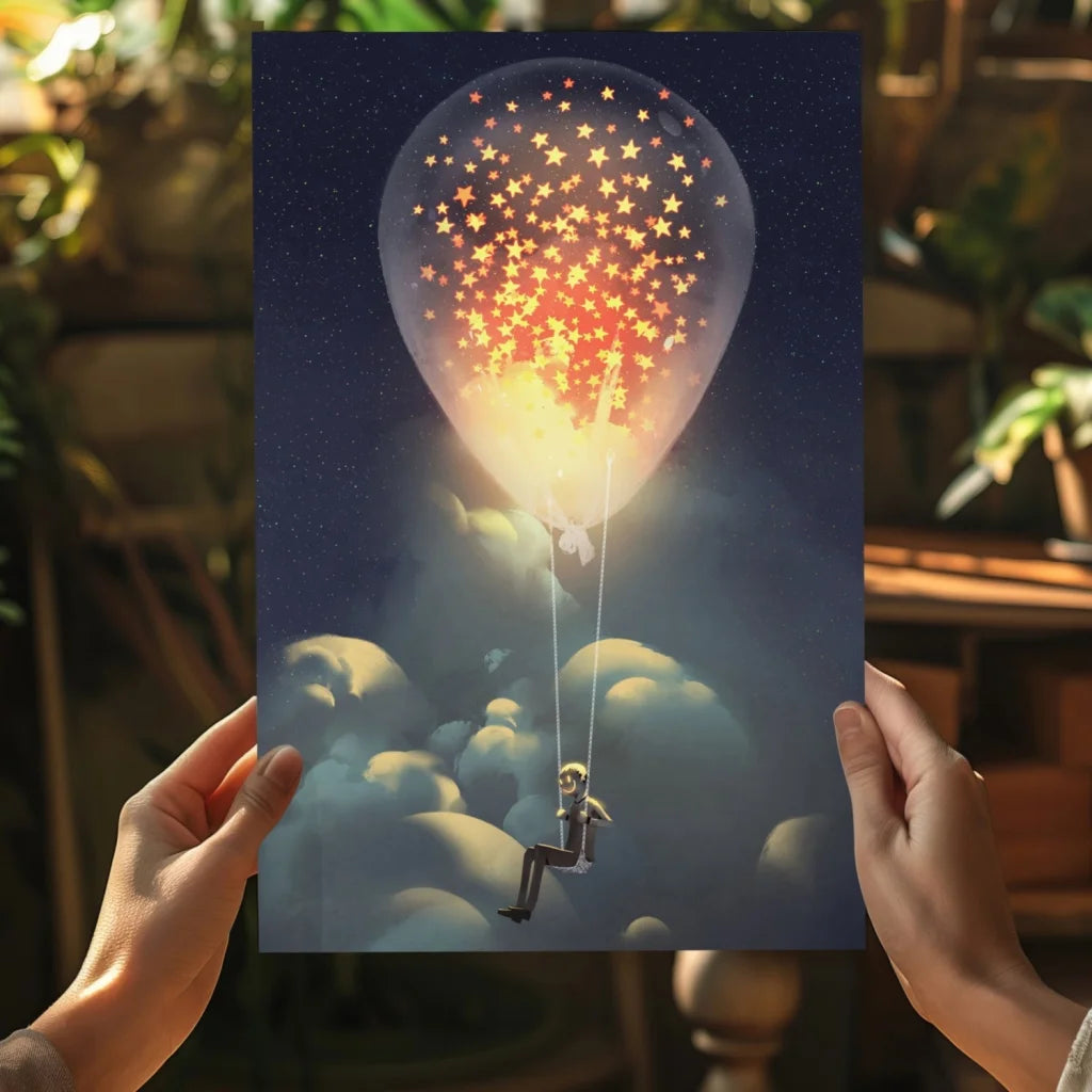 Whimsical starry sky balloon dream canvas print with glowing golden stars above clouds