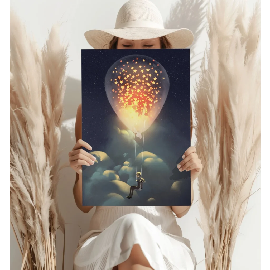 Glowing starry hot air balloon canvas print for kids room