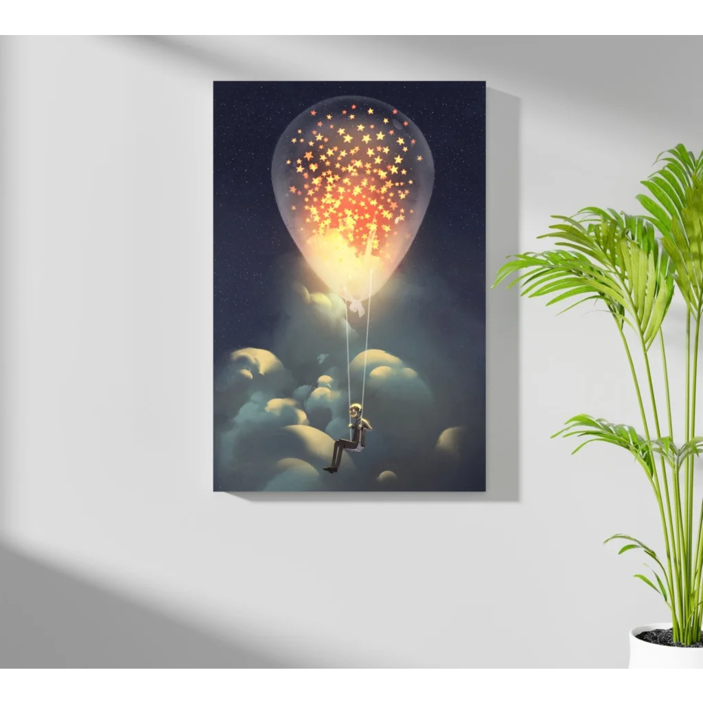 Whimsical kid’s canvas print of figure floating on starry balloon in dark sky