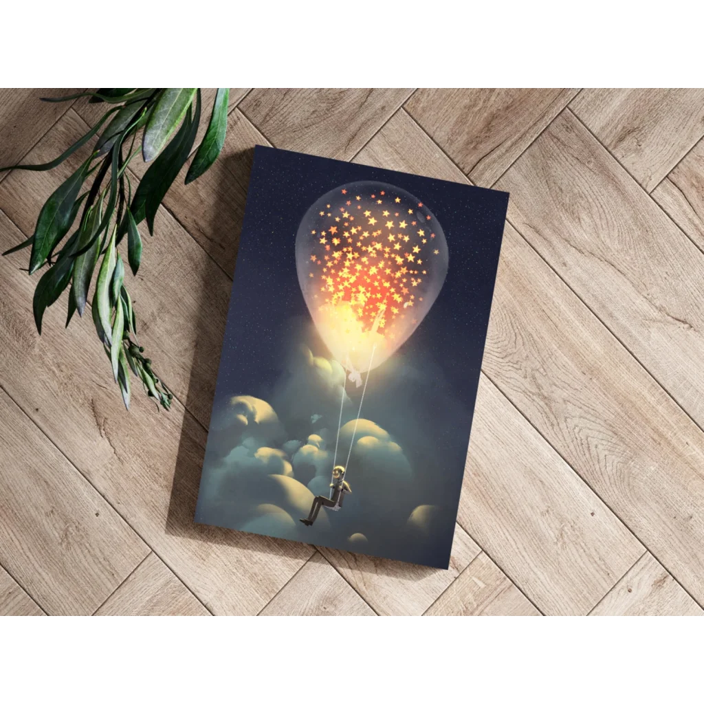 Whimsical kid floating on starry balloon canvas print for kids room