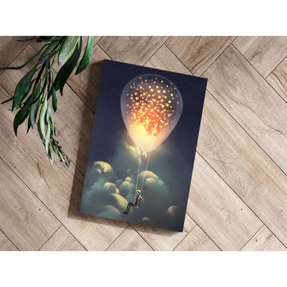 Whimsical kid floating on starry balloon canvas print for kids room
