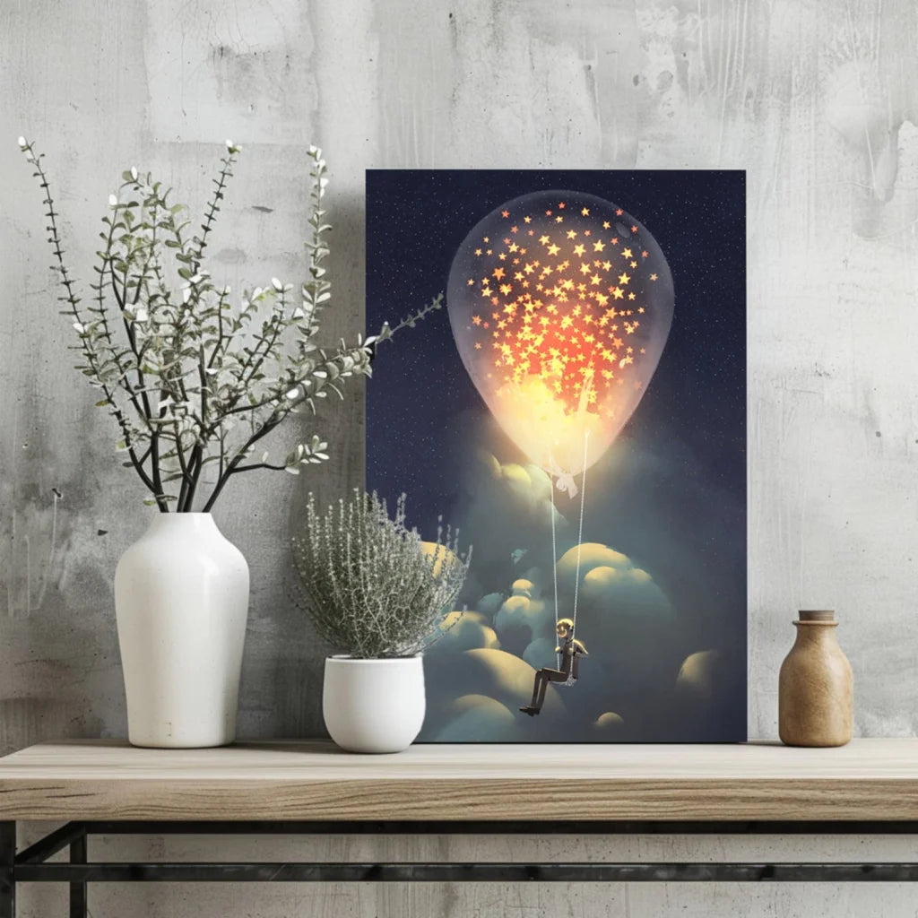 Whimsical kid in starry balloon canvas print for kids room