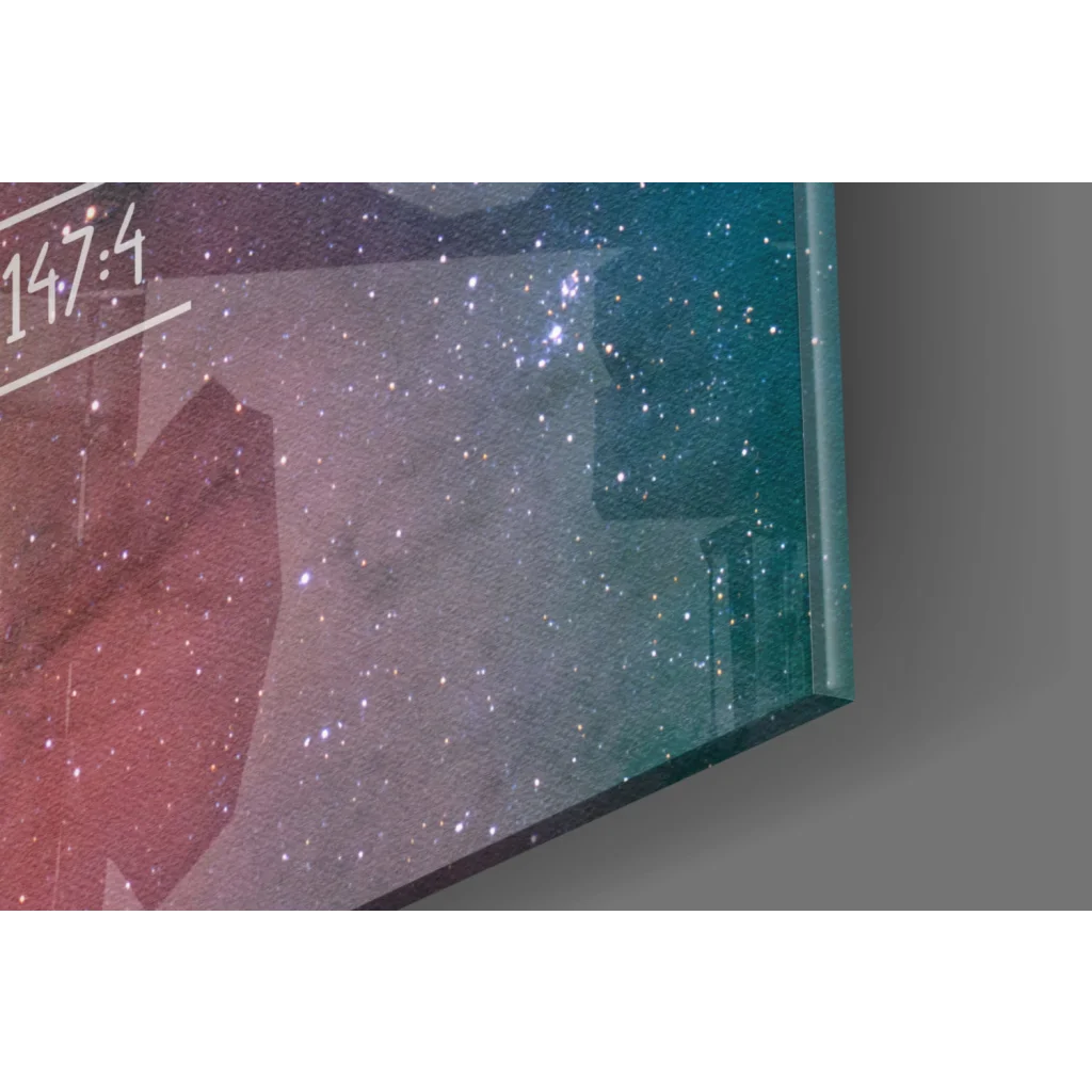 Cosmic nebula glass wall art with glowing digital clock and starry gradient