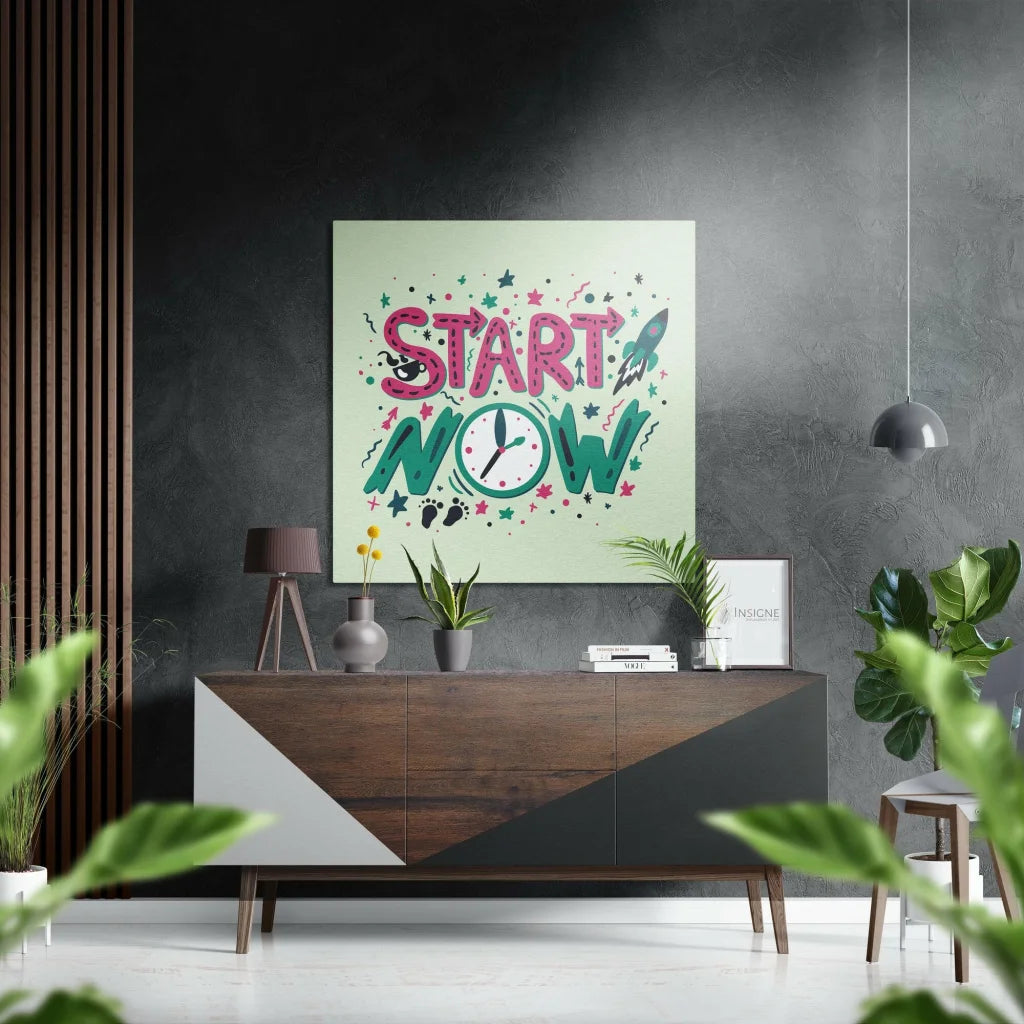Vibrant mint green brushed aluminium dibond paw print wall art with start now text