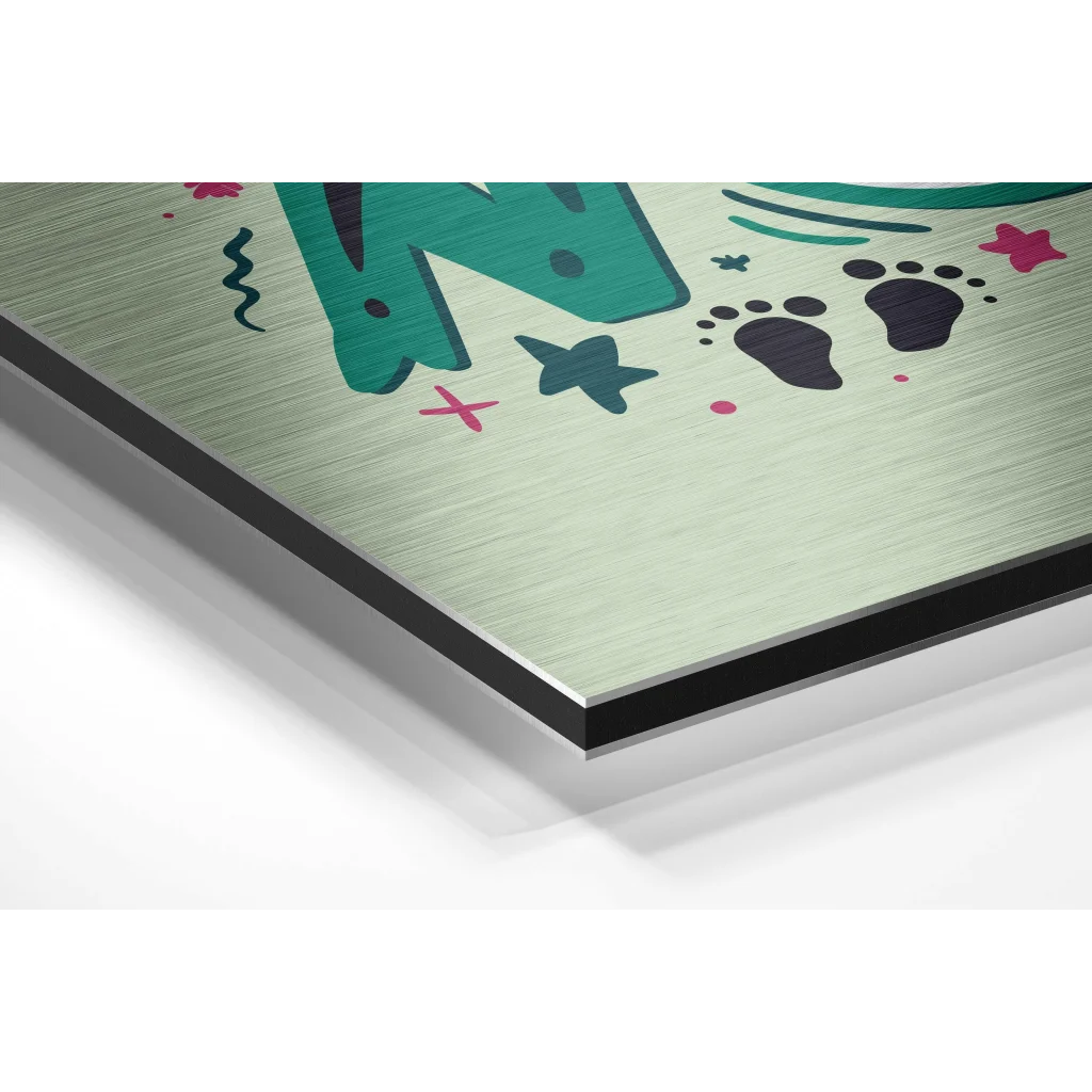Mint green brushed aluminium dibond wall art with teal dinosaurs, black paw prints, pink stars