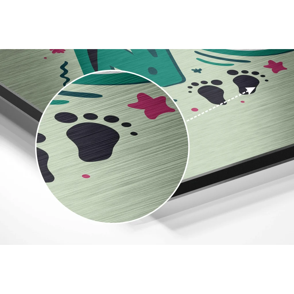 Playful mint green brushed aluminium dibond wall art with black paw prints and pink stars