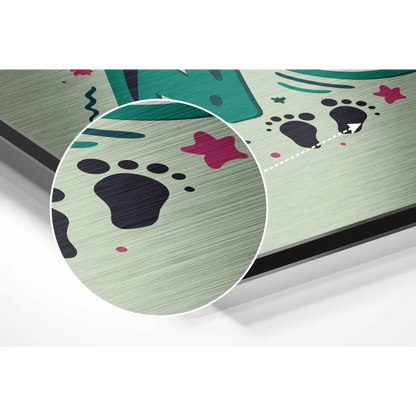 Playful mint green brushed aluminium dibond wall art with black paw prints and pink stars