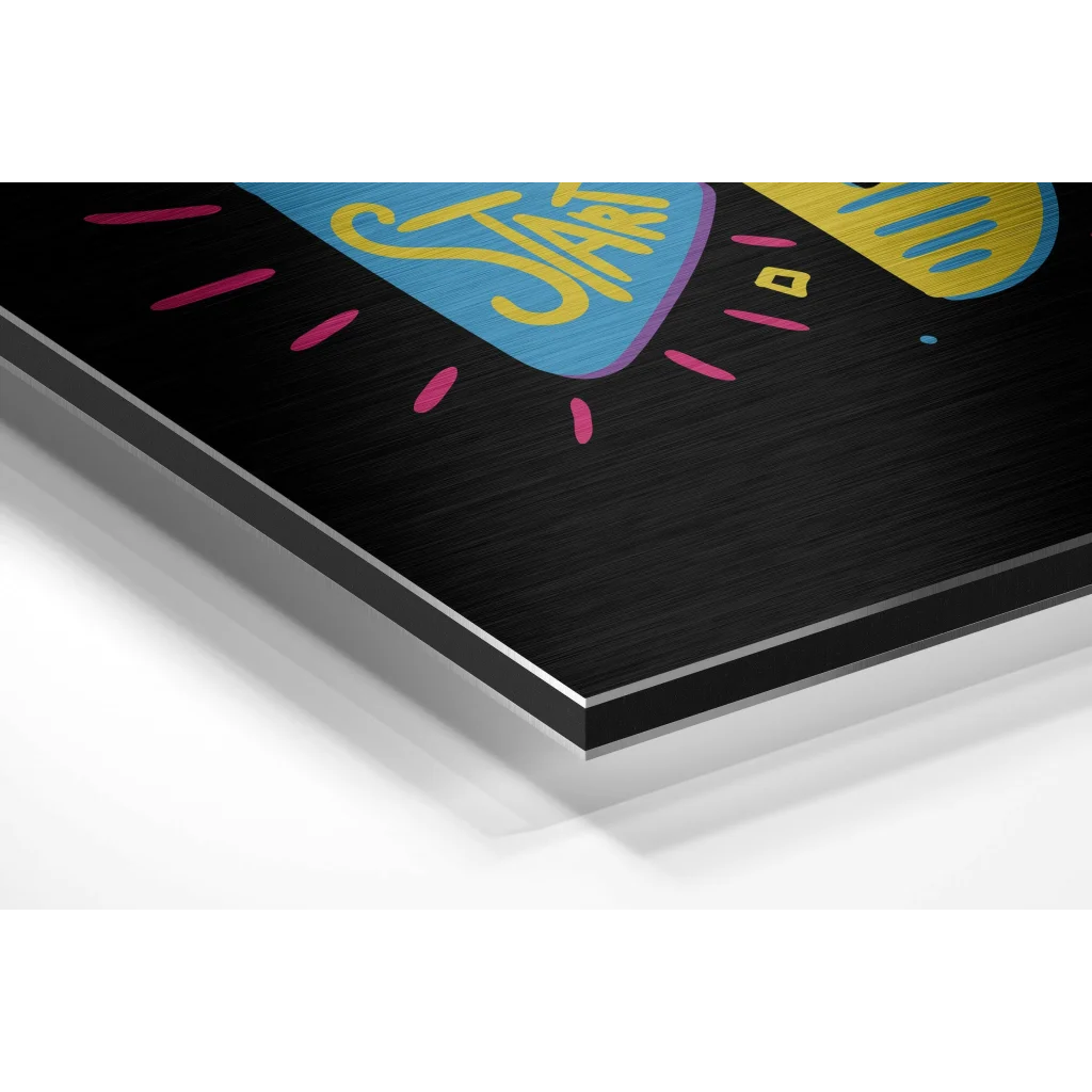 Vibrant retro start graphic on brushed aluminium dibond print