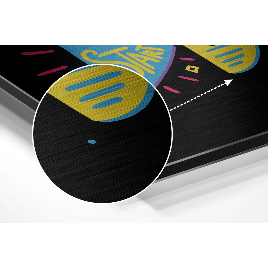 Vibrant yellow and blue retro graphic on black framed brushed aluminium dibond print