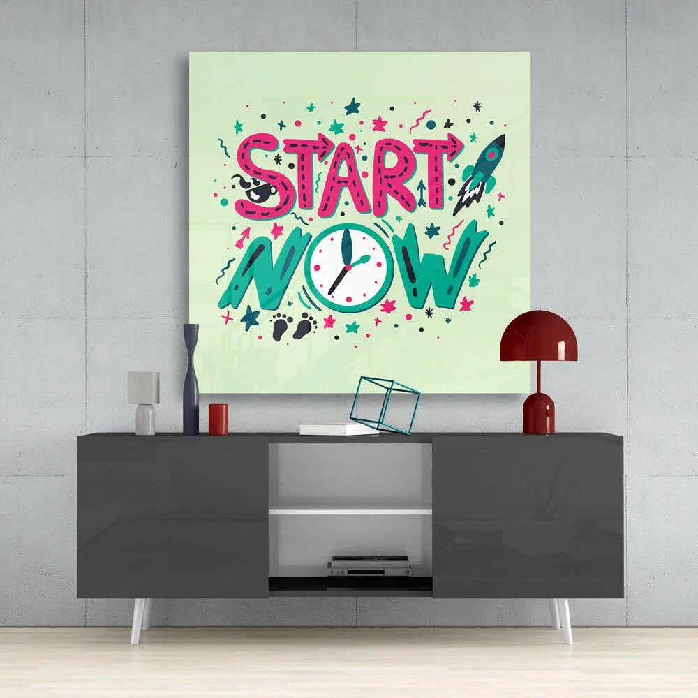 Start Now Motivational Glass Wall Art with Rockets and Stars | Contemporary Home Wall Art | vintageantiquesgifts.com