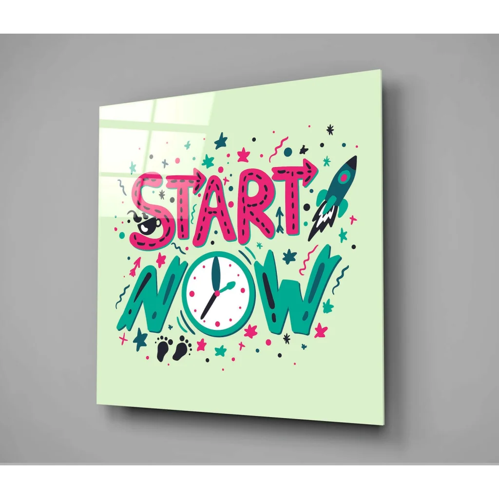 Start Now Motivational Glass Wall Art with Rockets and Stars | Modern Wall Art Decor | vintageantiquesgifts.com