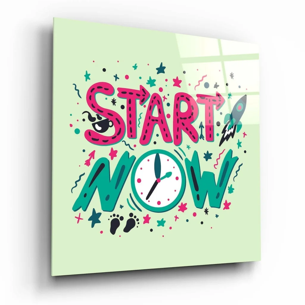 Start Now Motivational Glass Wall Art with Rockets and Stars | Insigneart USA | vintageantiquesgifts.com