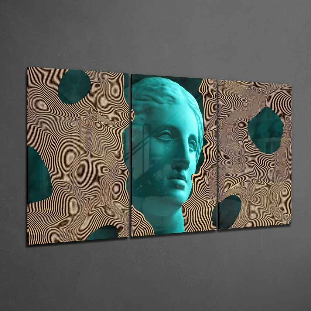 Teal gold classical bust wall art canvas triptych with abstract swirls