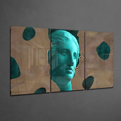 Teal gold classical bust wall art canvas triptych with abstract swirls
