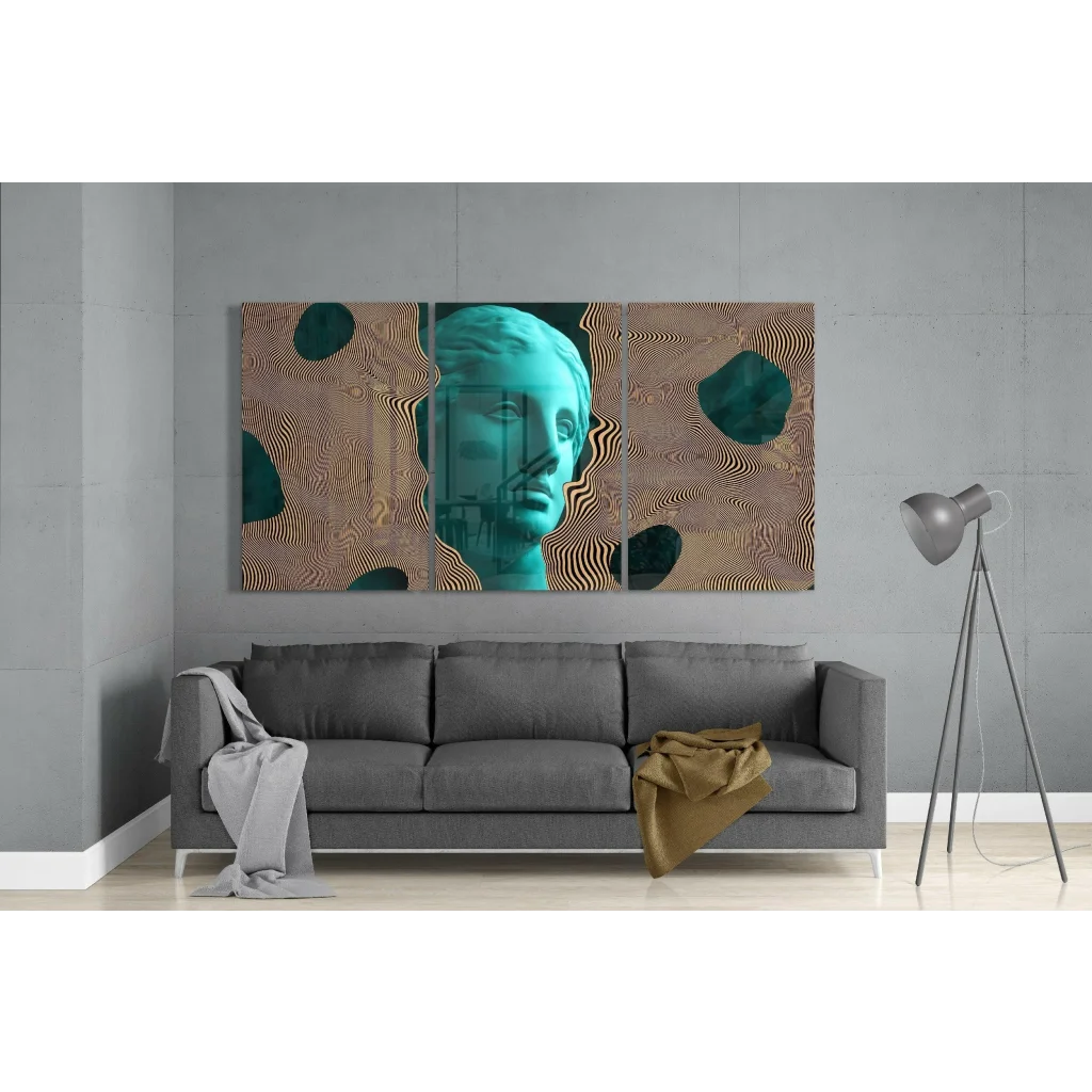 Teal gold classical bust wall art canvas triptych portrait