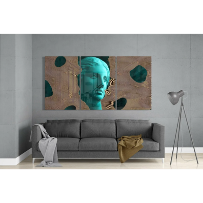 Teal gold classical bust wall art canvas triptych portrait