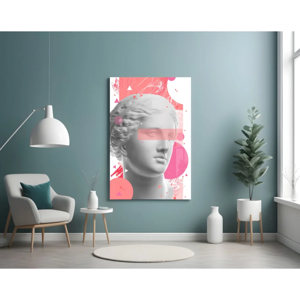 Grayscale classical bust canvas wall art with pink geometric splatters