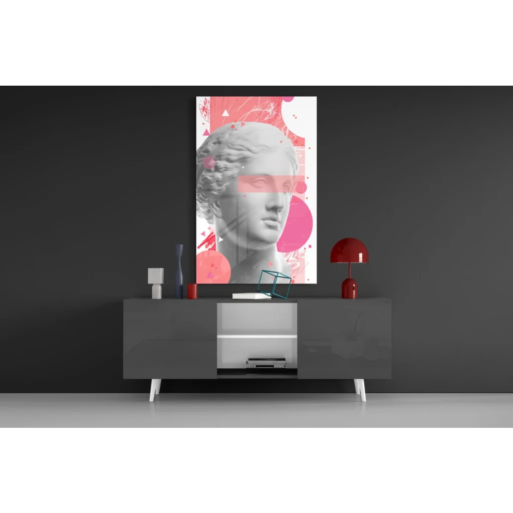 Grayscale classical bust with pink geometric splatters on canvas wall art