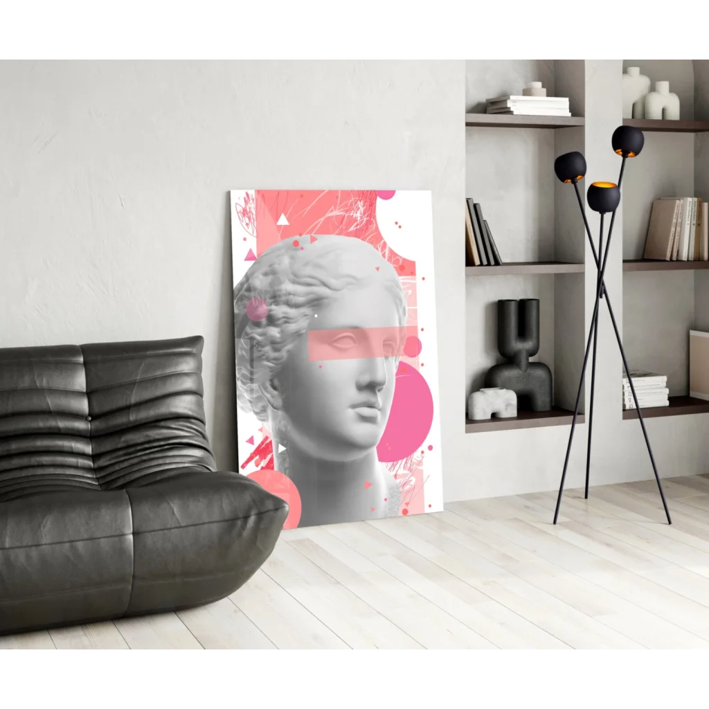 Grayscale classical bust canvas wall art on pink splash background