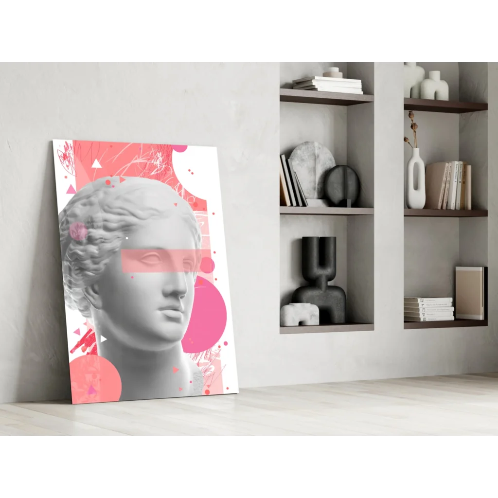 Grayscale classical bust canvas wall art on pink splash background