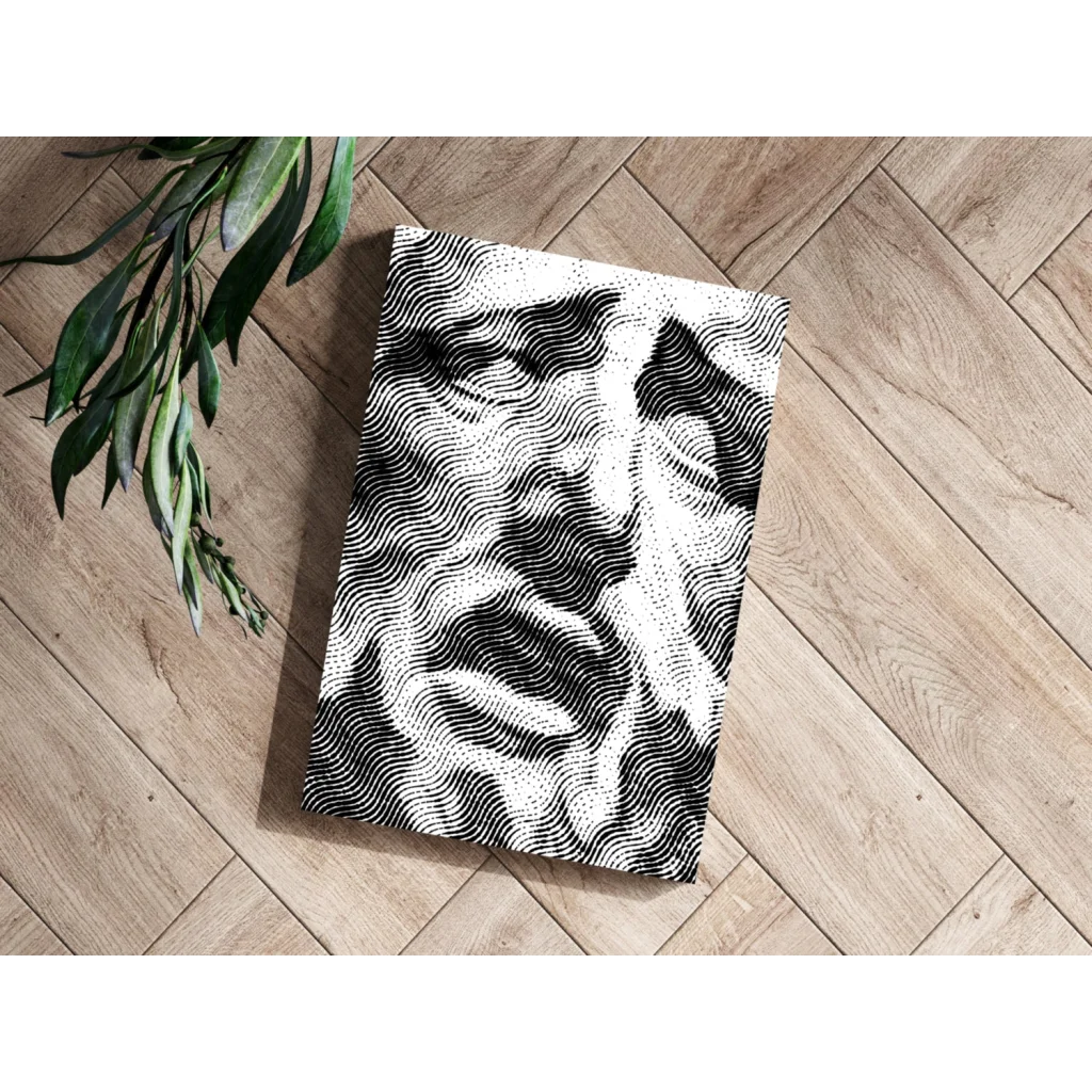 Black and white halftone portrait canvas of stylized wavy face