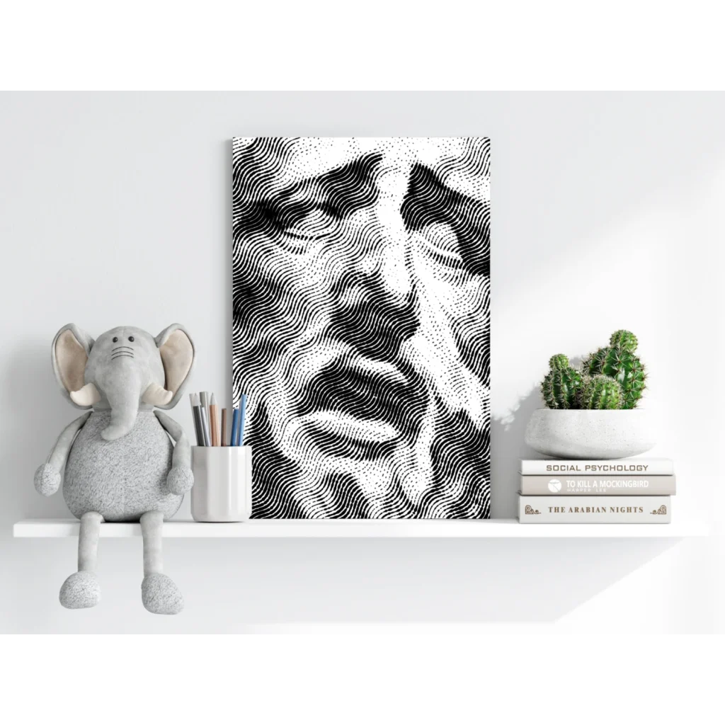 Black and white wavy halftone face canvas portrait with swirling textures