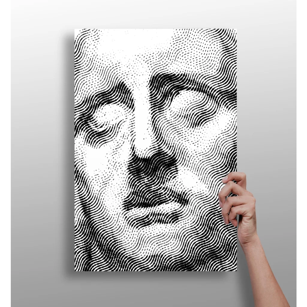 Black and white halftone portrait with concentric wavy lines on Insigne aluminum prints