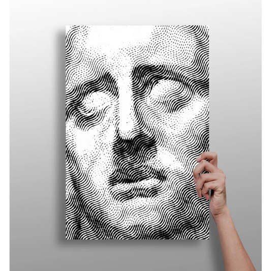 Black and white halftone portrait with concentric wavy lines on Insigne aluminum prints
