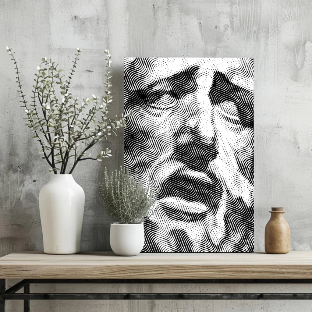 Black and white wavy halftone face canvas portrait