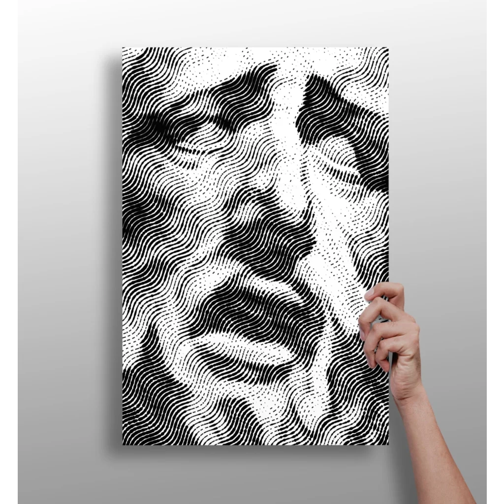 Black and white halftone portrait of wavy line face on canvas