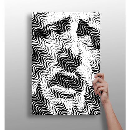 Black and white halftone portrait of wavy line face on canvas