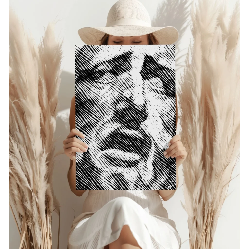 Black and white wavy halftone face portrait canvas art print
