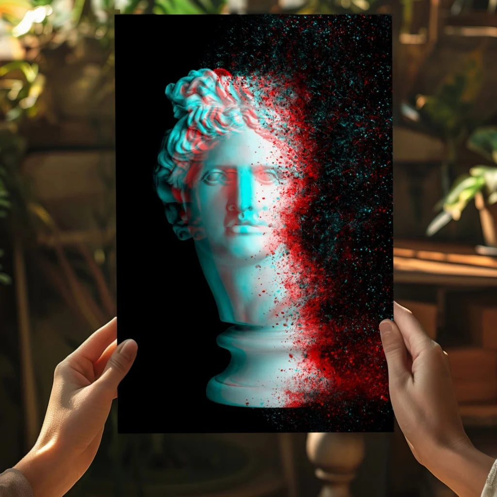 3D animated marble bust in blue and red particles on Insigne aluminum prints