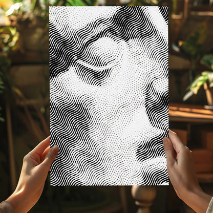 Black and white wavy halftone face on Insigne aluminum print
