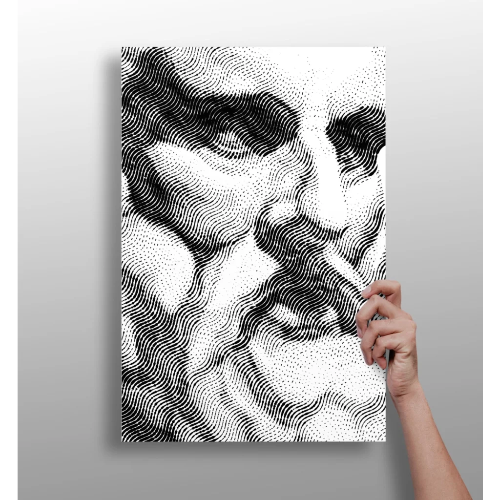 Stylized black and white halftone face on insigne aluminum print